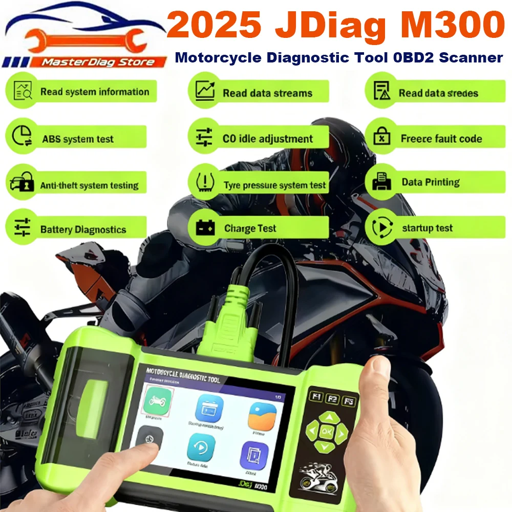 2025 JDiag M300 Obd2 ماسح ضوئي تشخيصي للدراجات النارية - تشخيص ABS والمحرك لسيارات BMW وYamaha وHarley-Davidson وHonda و Ducati ​