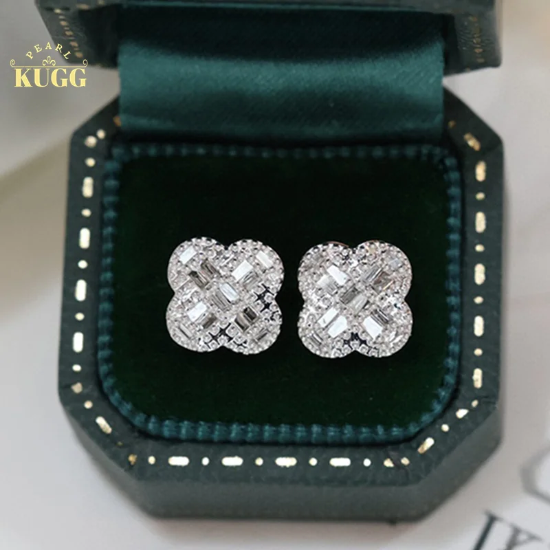 

KUGG 18K White Gold Earrings Real Natural Diamond Stud Earrings for Women Anniversary Gift Classic Clover Design High Jewelry