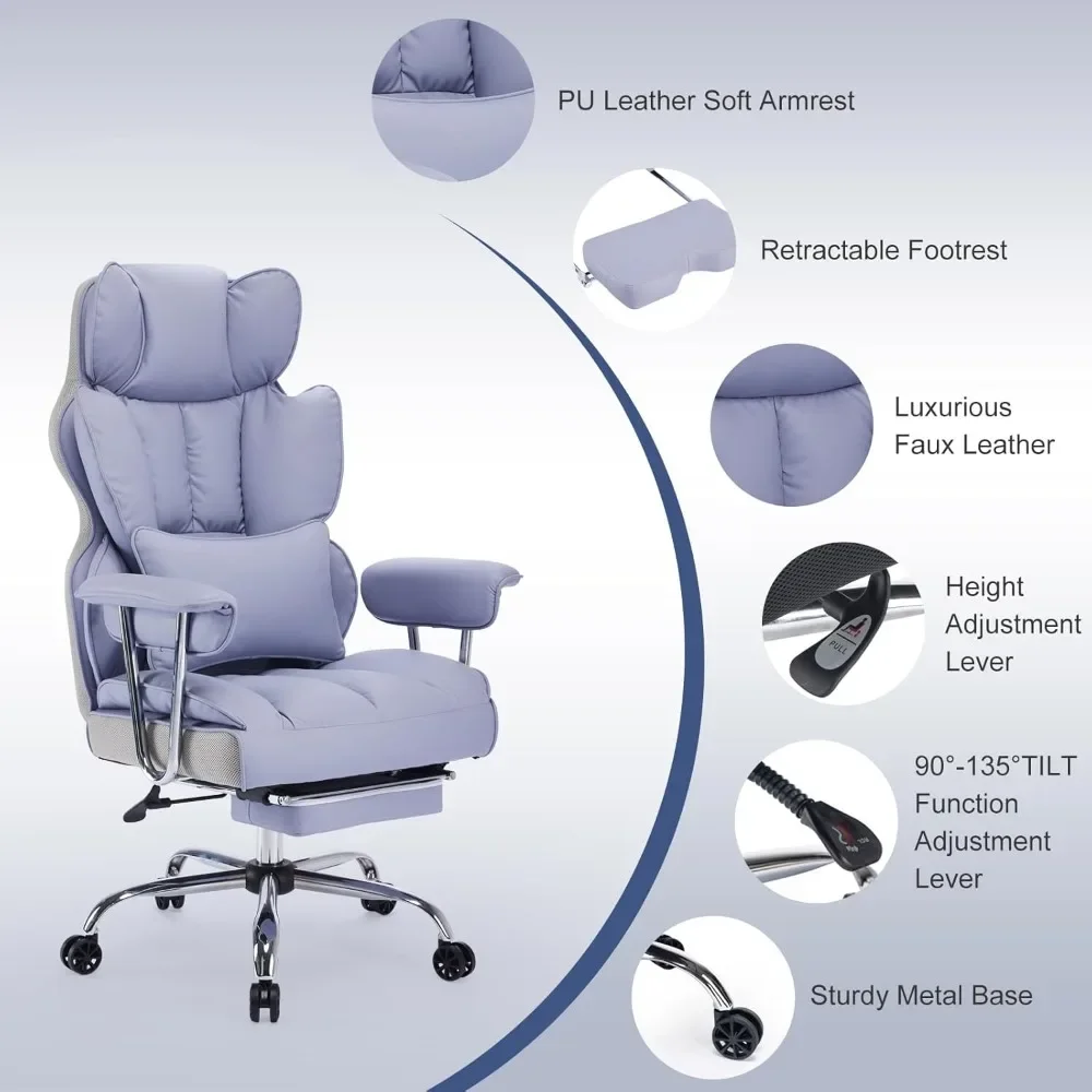 Executive Office Chair for Heavy People, High Back Computer Chair with Foot Rest, Height Adjustable PU Leather Office Chair