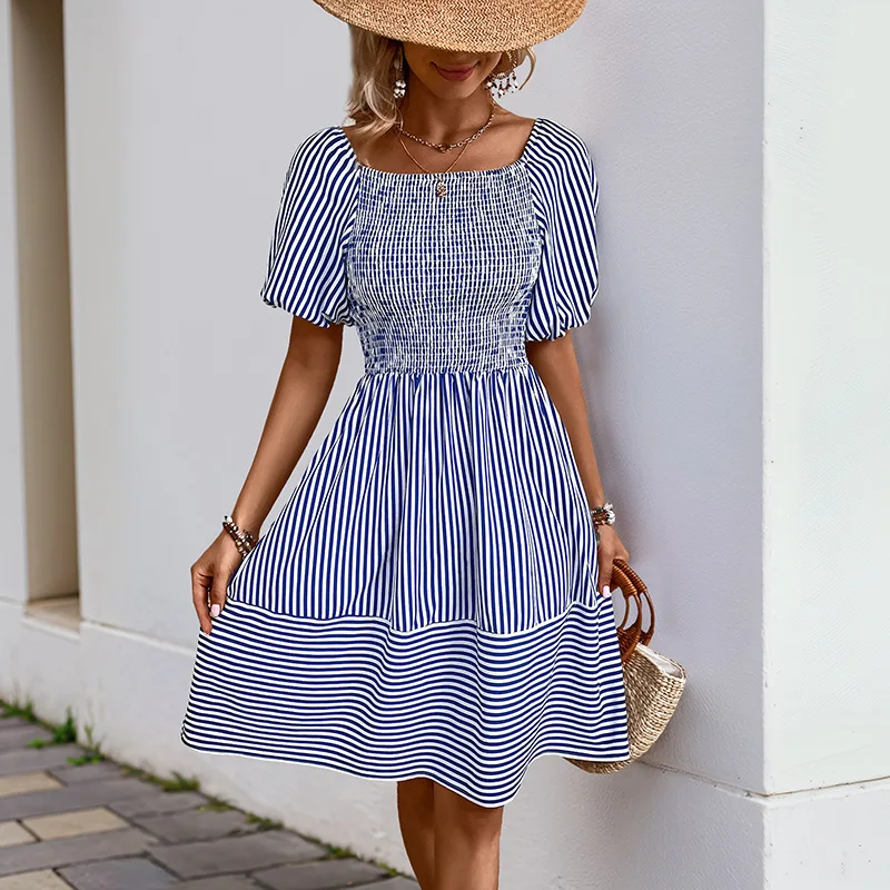 

Puff Sleeve Striped Skirt Lapel Short Sleeve Lace-up Backless Dress