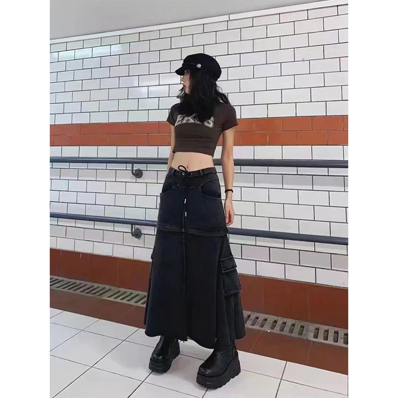 Y2K 2000S Cargo Denim Midi Skirt Women Vintage Streetwear Patchwork Jeans Skirt Gothic Korean High Waist Design A Line Skirt New