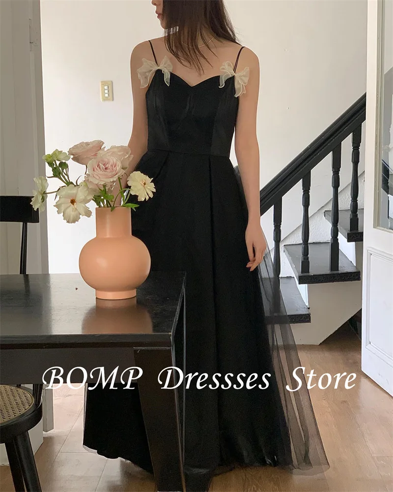 BOMP Simple Black Evening Dresses Korea Wedding Dresses Spaghetti Straps Sweetheart Bowknot Floor Length Formal Party Customized