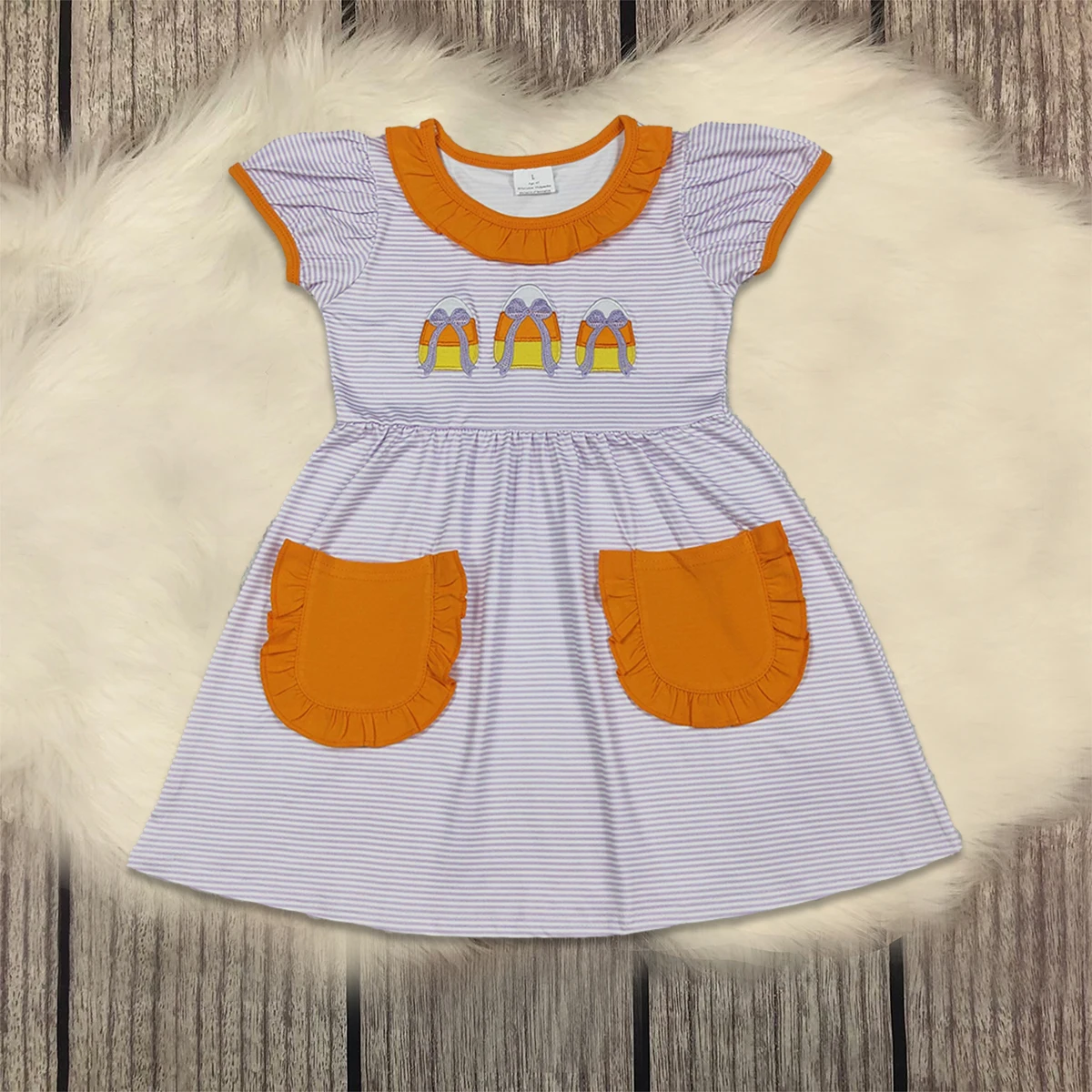

Baby Girl Children Halloween Embroidery Bows Dresses Fall Short Sleeves Kids Toddler Pockets Stripes Dress Clothes Wholesale