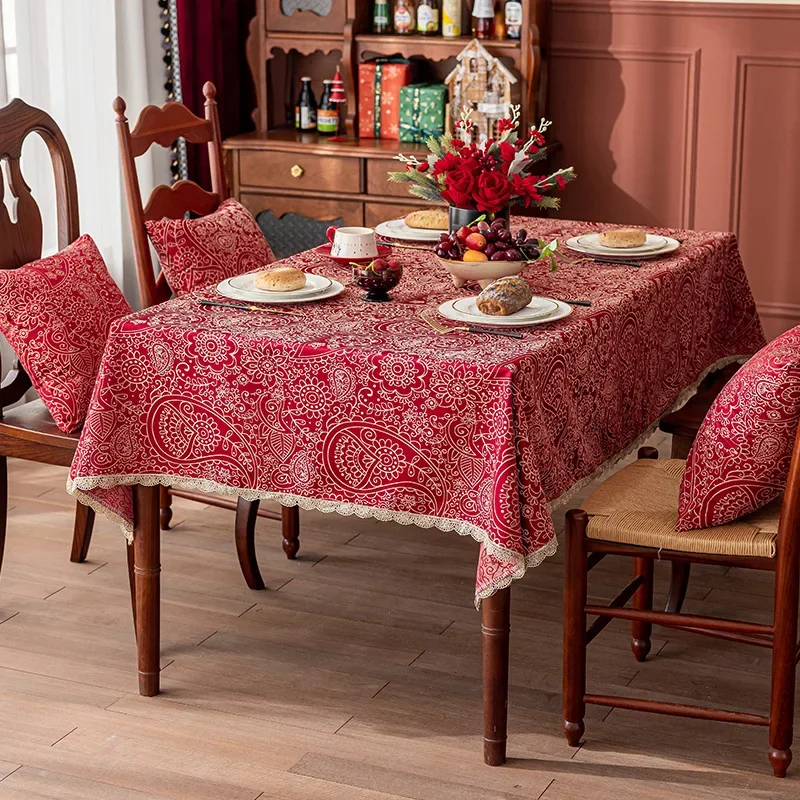 Cover Cloths Red Jacquard Tea Table Wedding Celebration Chinese Style Rectangular Gold Tassel Lace Restaurant Tablecloth 1pcs