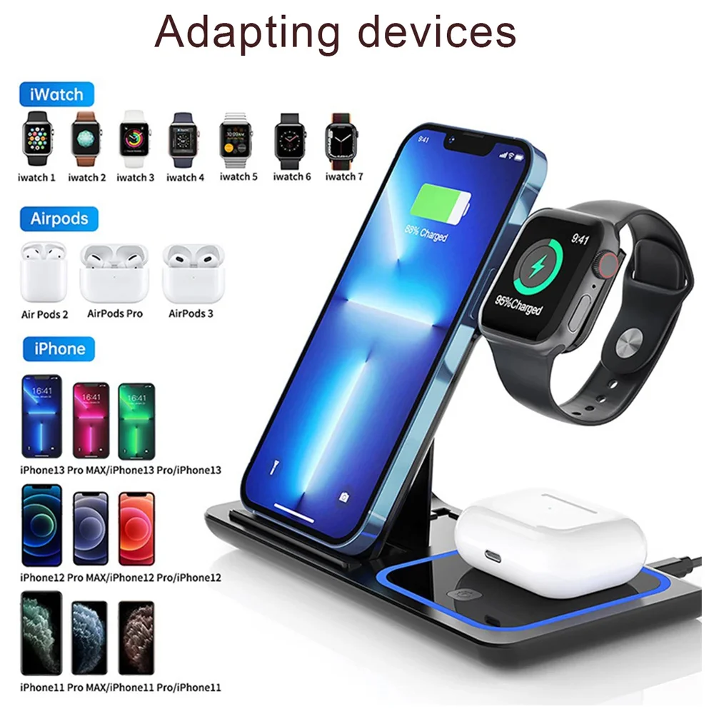 LED Fast Wireless Charger Stand 3 in 1 Foldable Charging Station For IPhone17 16 15 14 13 1 Apple Watch 9 8 7 6 5 Airpods Pro