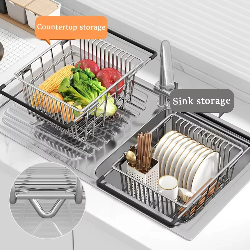 Stainless Steel Adjustable Sink Drying Rack Dish Holder Drainer for Fruit Vegetable Single Layer Expandable Drying Basket