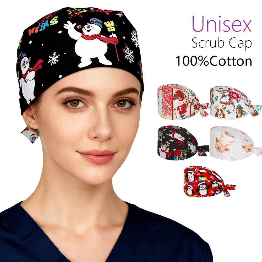 

2025 хирургическая шапочка с рождественским принтом для женщин и мужчин, медицинская шапка для медсестер, хлопковая рабочая шапка для спа-красоты, стоматологические шапочки для скрабов, Санта-Клаус
