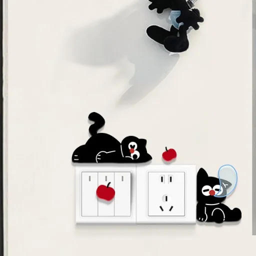Cute Black Cat Apple 3D Switch Stickers Acrylic Light Switch Panel Decor Decals Removable Wall Ornaments for Home Bedroom