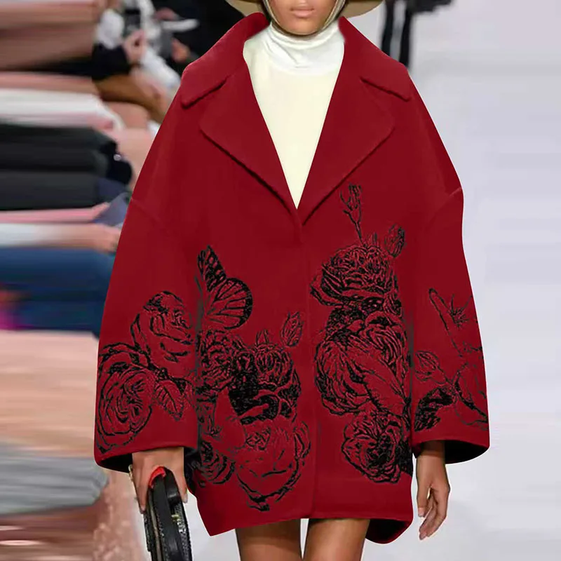 Fashion Temperament Lapel Women's Jackets Elegant Commuting Loose Outerwear Simple Solid Color Long Sleeved Winter Woolen Coat