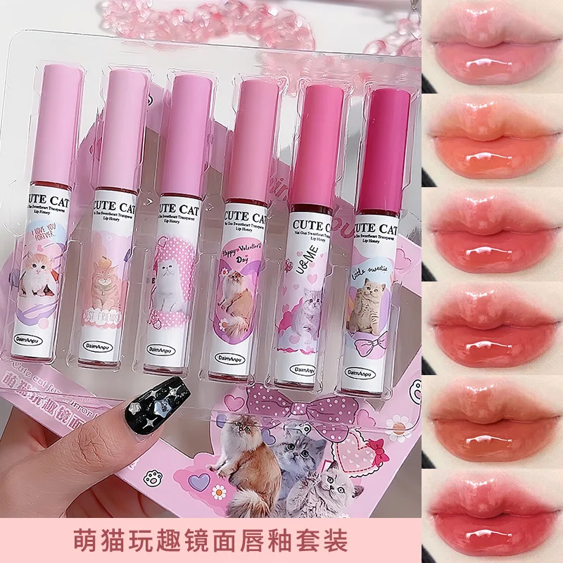 Mirror Lip Gloss Kit Cute Cat Playful Design Sheer Texture High Shine Non Sticky Hydrating Lightweight Summer Makeup forStudents