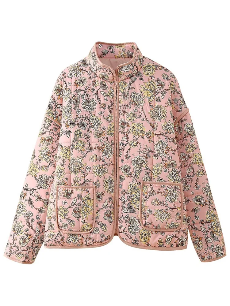 ZEVITY Women Vintage Stand Collar Flower Print Quilted Cotton Jacket Coat Female Outerwear Pocket Patch Casual Chic Tops CT6292