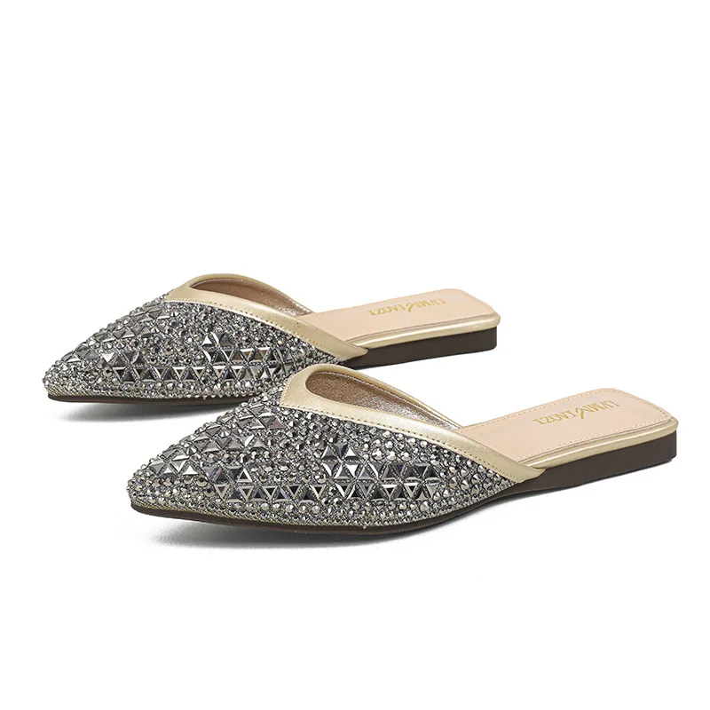 2023 New Summer Female Mules Sandals Rhinestones Half Slippers Outside Wear Large Size 41-43
