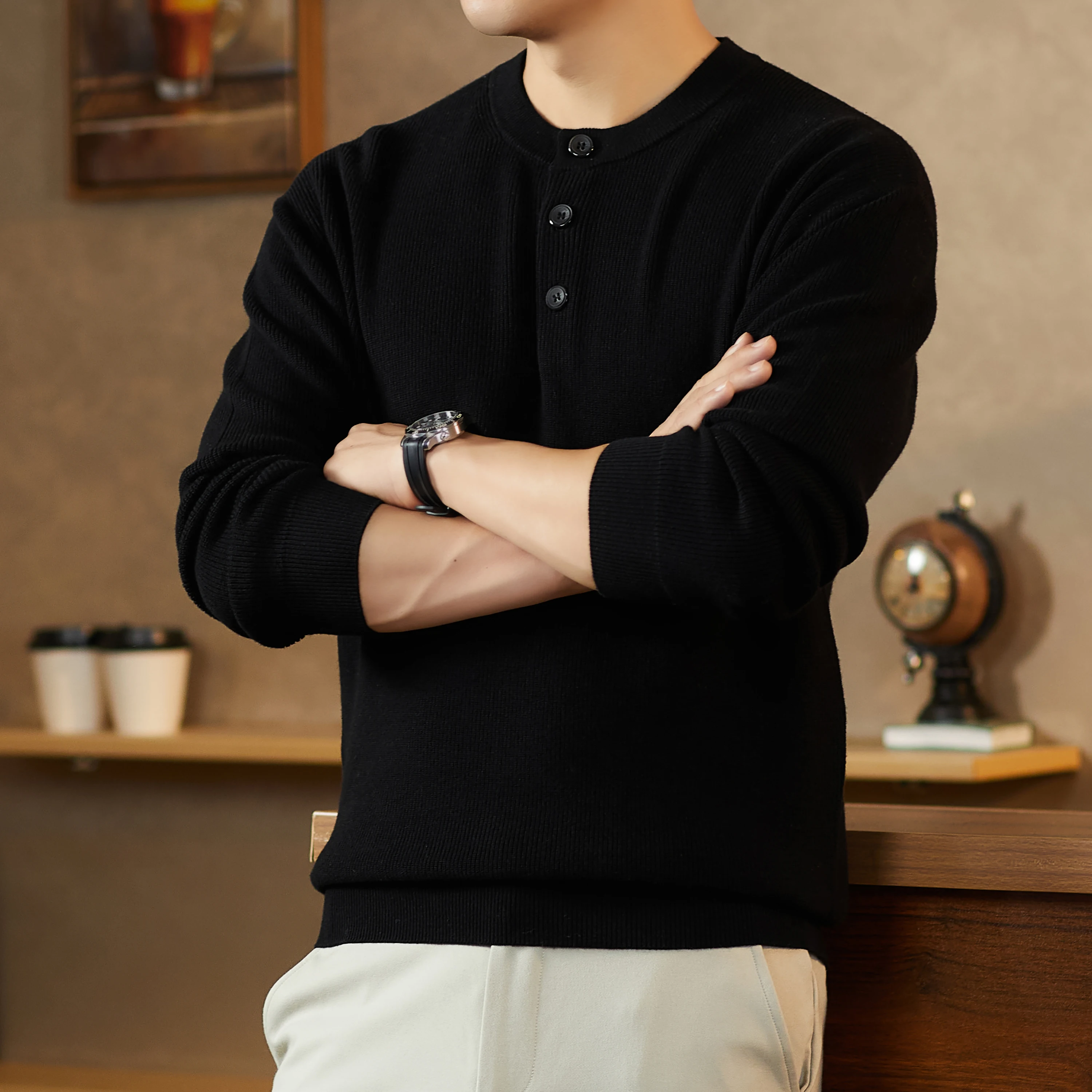 5.8% الماعز الكشمير البلوز 2025 جديد عصري هنري طوق سترة طويلة الأكمام الذكور 94.2% القطن متماسكة الملابس البلوفرات