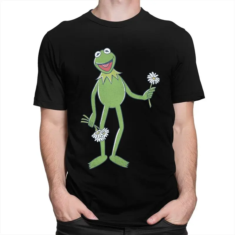 Custom Muppets Kermit Flower Bouquet T Shirt for Men 100% Cotton Tshirt Tees Short Sleeves Anime Cartoon T-shirts Loose Fit