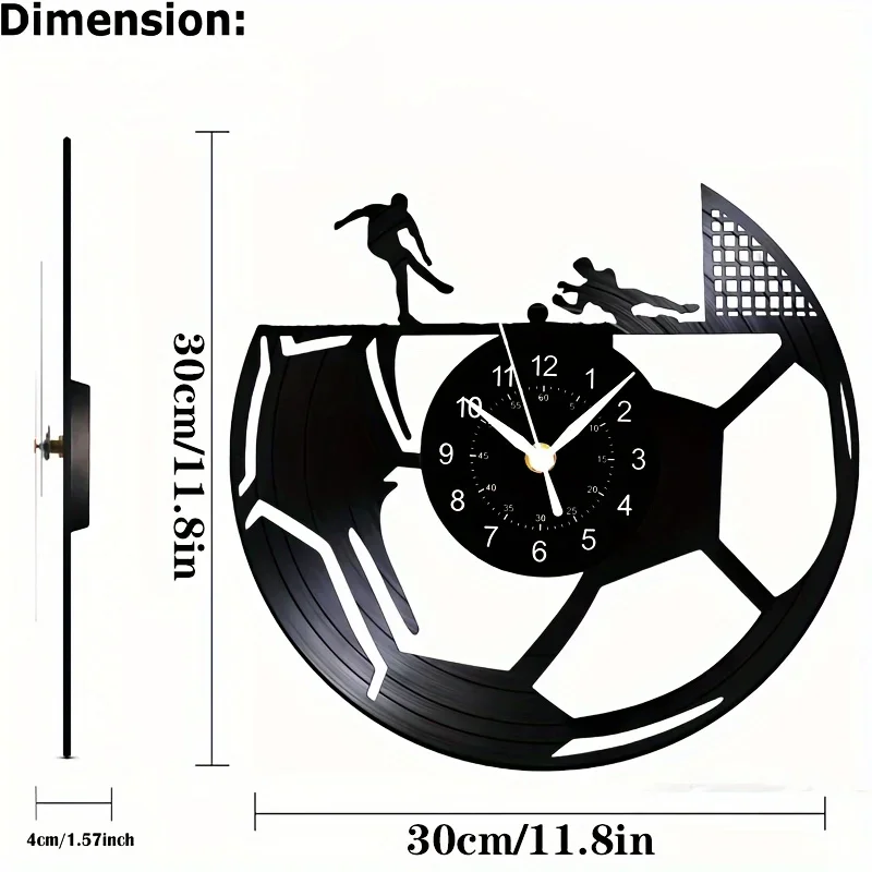 Soccer Vinyl Record Clock 12 Inch Sport Wall Clock Decor for Boy Room Home Bedroom Living Room Office Birthday Gift for Men