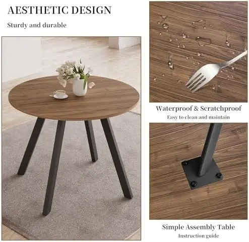 34.6'' Round Dining Table and Chairs for 4 Space Saving for Apartment Kitchen Dining Room (Walnut Table+4 Black Chairs)