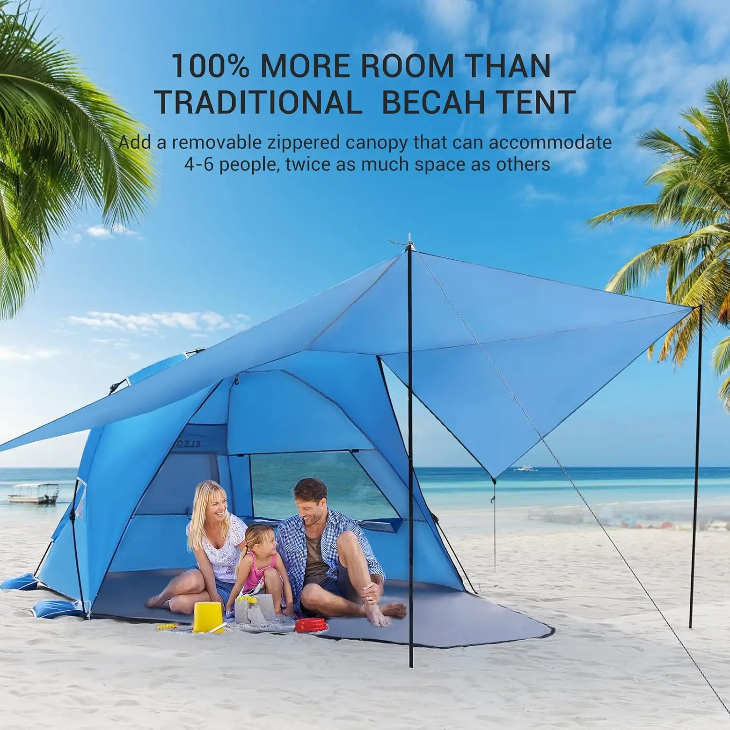 Beach tent with 360 ° detachable canopy, 4-6 person pop-up sunshade, UPF 50+automatic installation double silver coating