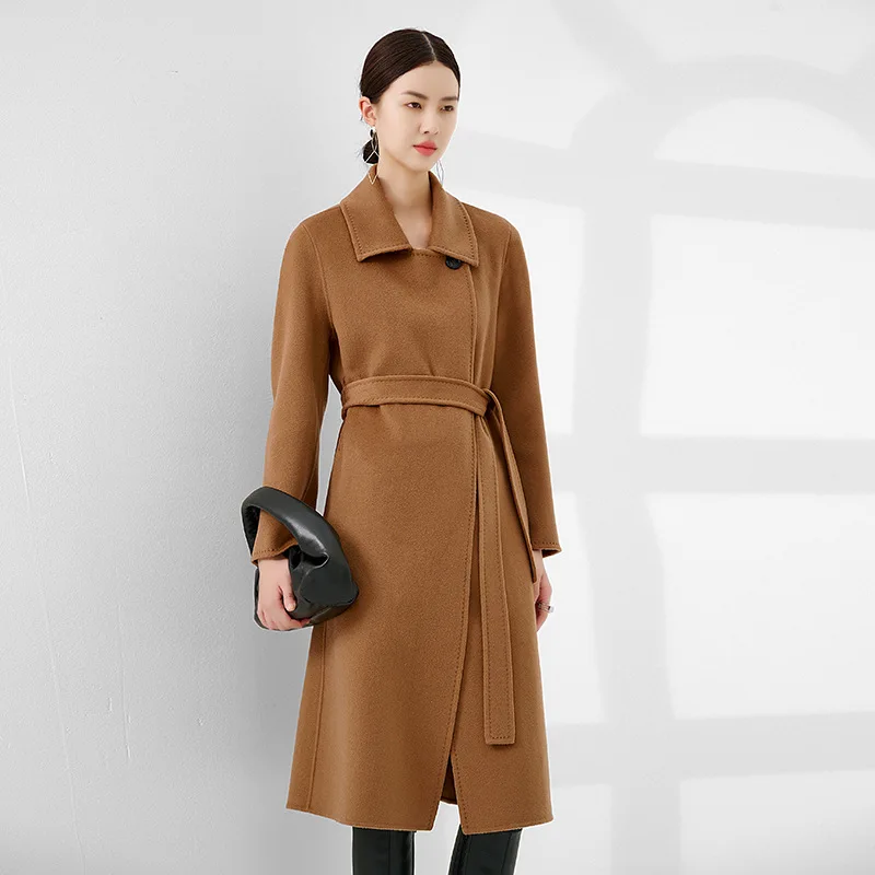 Lined with 100 pure cashmere coat, women's medium and long front shoulder Korean back thick high-quality woolen coat