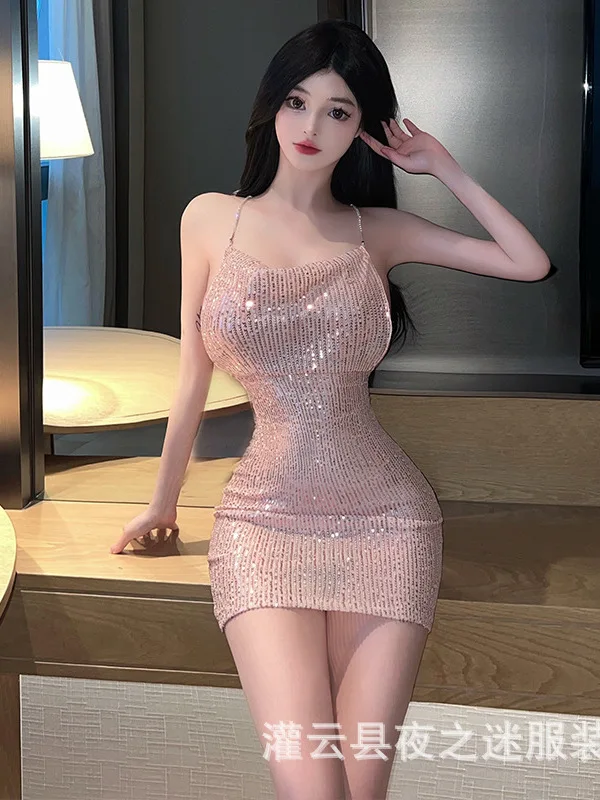 Underwear Female Sexy Shining Open Back Suspended Pajama Dress Elegant Sling Square Neck Slim Fit Waist Appear Thin CRCW