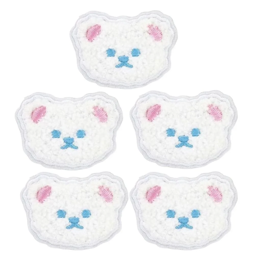 5pcs Bear Head Plush Teddy Bear Patches Cartoon Self-adhesive Embroideried Badges Cute DIY Clothes Sticker Bag Decoration