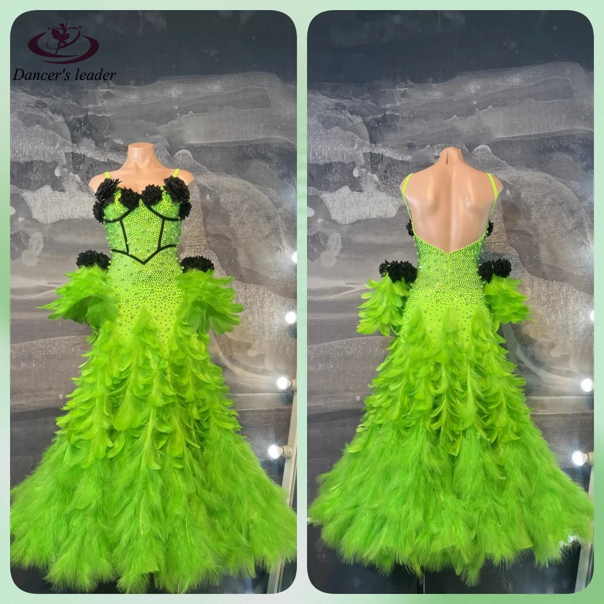 Latin Dance Competition Women's High-end Customized Feather Rose Waltz Dress Tango Samba Performance Rhinestone Dress