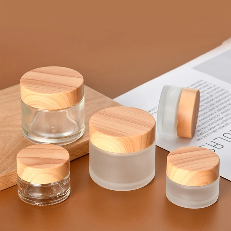 5g-100g Frost Glass Cream Bottle With Wood Lid Portable Empty Bottle For Skin Care Gel Serum Container Cosmetic Dispenser Tool