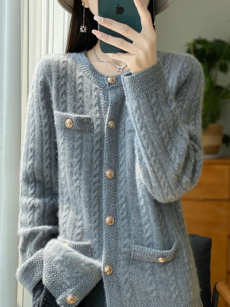 Cárdigan de cuello redondo para mujer, suéter de lana de punto de Cable para mujer, manga larga gruesa, Tops de punto de lana merina 100%, Otoño e