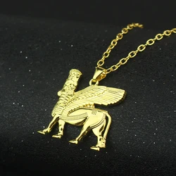 Ashur Pendant Necklace for Women Men Lama,Lamma,Winged Bull Lamassu is an Assyrian Protective Deity Jewelry 