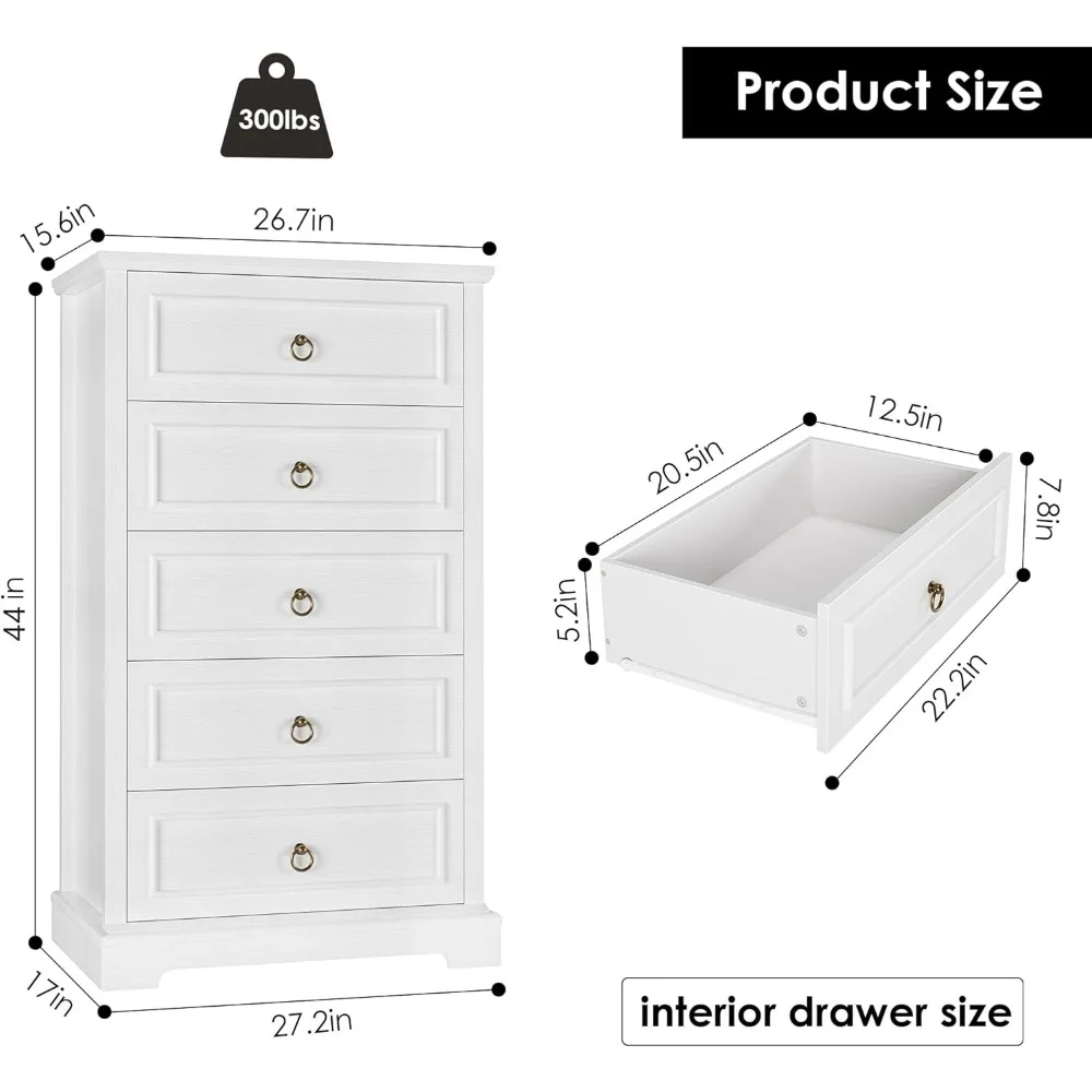 Modern Farmhouse Style 44 Tall White 5-Drawer Chest for Bedroom Storage