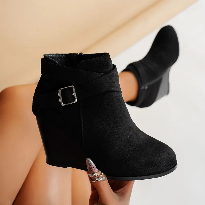 FHC 2024 NEW Women Wedges Ankle Boots,Flock Winter Shoes,Short Botas,Side Zip,Cross Buckle Straps,Round toe,BLACK,Dropship