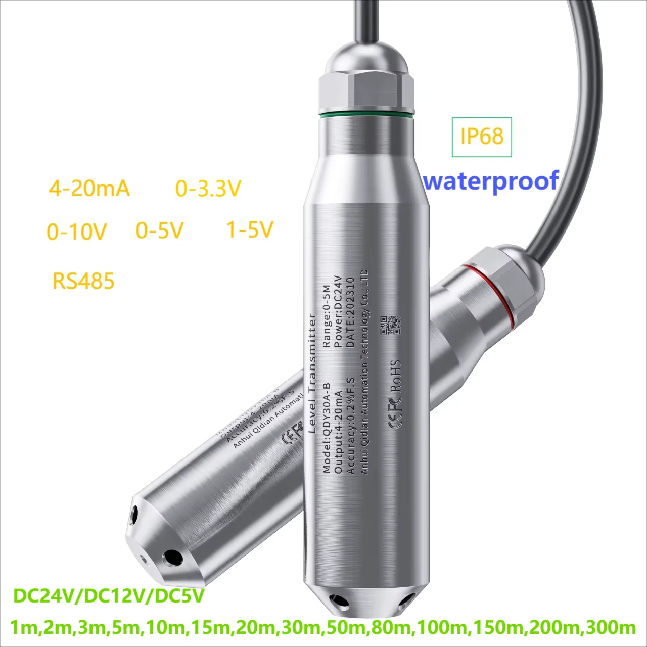 Water level sensor 0-10V Water level transmitter 5m 10m 30m 100m 300m Liquid level transmitter 0-3.3V RS485 Automatic level