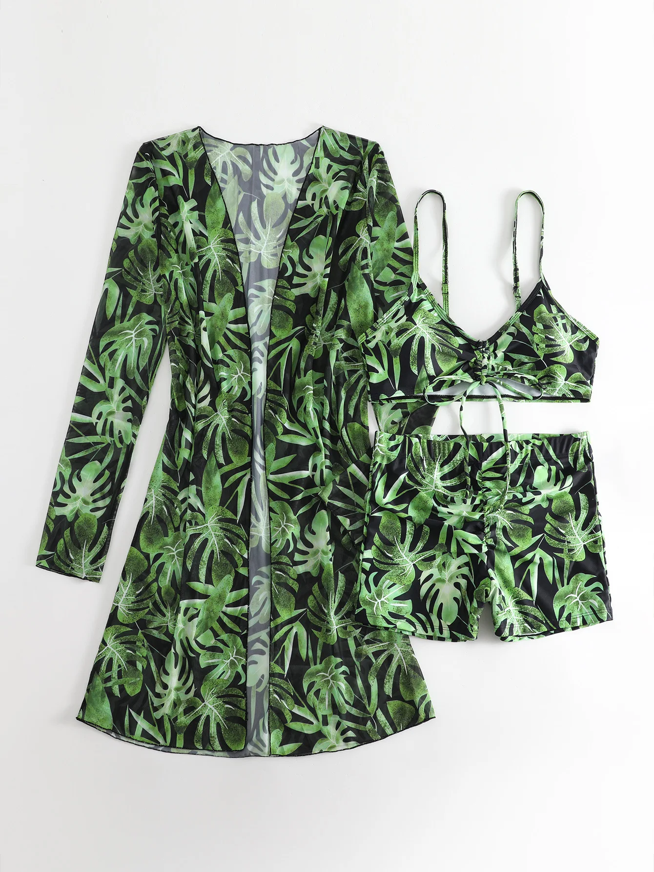 ชุดว่ายน้ำวินเทจเอวสูงลายพิมพ์ 3 ชิ้น พร้อมเสื้อคลุมตาข่ายแขนยาว บิกินี่แบบดันทรง ชุดชายหาดสำหรับผู้หญิง