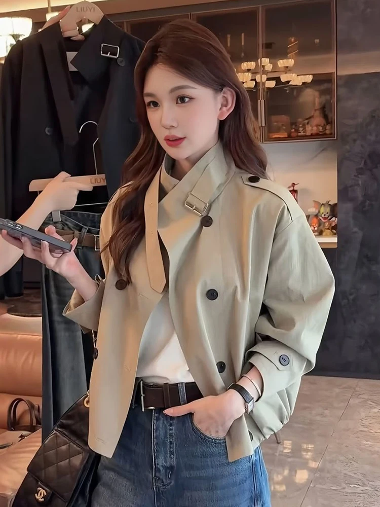 

Stand Collar Women Loose Long Sleeve Vintage Short Coat Fall Causal Double Breasted Lady Elegant Design Tops