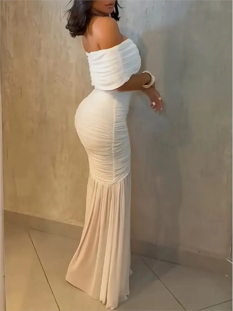 Abito con giunture in rete slim fit plissettato Primavera Estate Abito da festa elegante con coda di pesce monospalla in tinta unita da donna