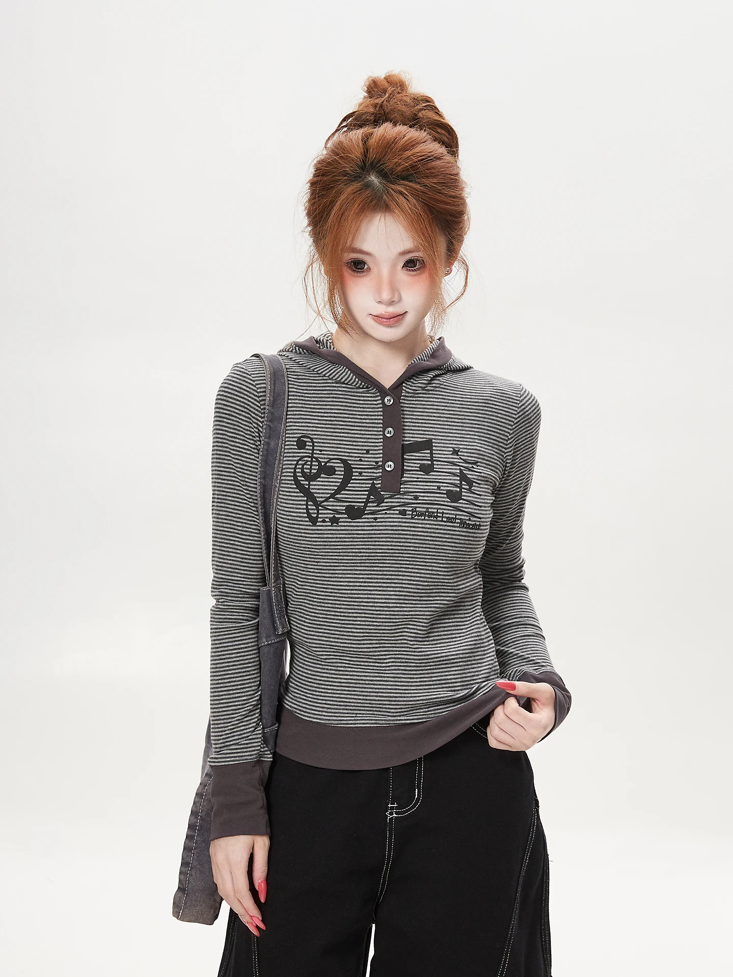 Retro Style Striped Note Print Hooded Long Sleeve T-Shirt Women Loose Slimming Y2K Top Comfortable Breathable Polyester Fiber