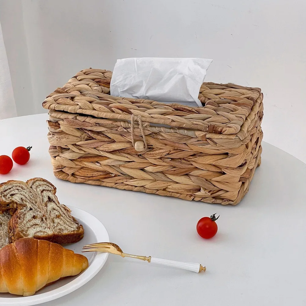 Ins Water Hyacinth Woven Tissue Box Rattan Woven Lid Sanitary Paper Box Household Living Room Pumping Paper Box Storage