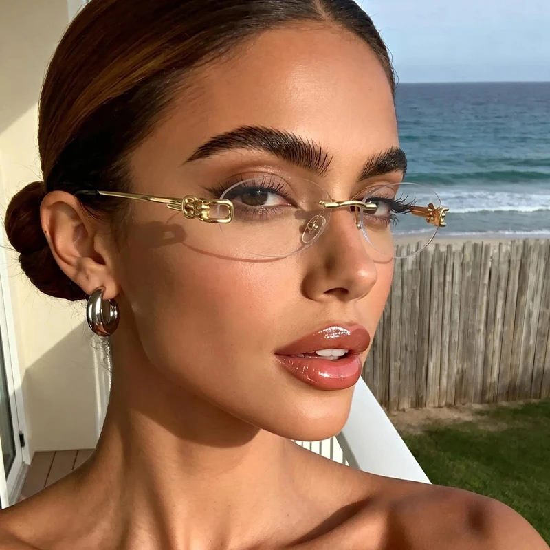 1pc trendy thin frameless oval glasses, double chain ornaments, smooth gold frame, ladies' daily casual glasses