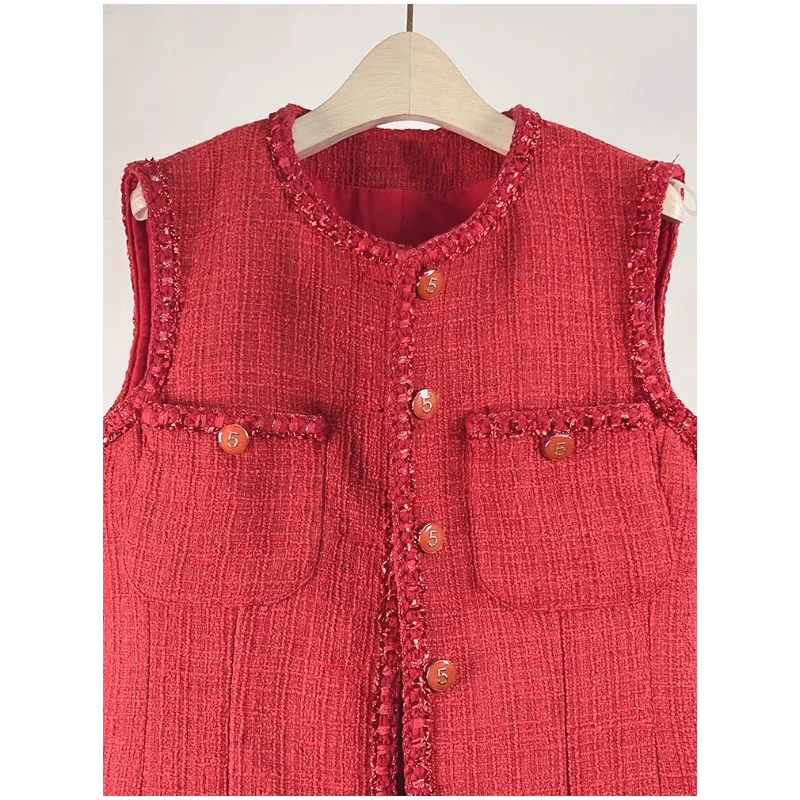 Red Small Fragrance Autumn Winter New Fashion Vest Dress women Vintage Tweed White Simple Sleeveless Light Luxury Short Dress