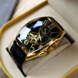 Montre mécanique automatique de luxe pour hommes, montre-bracelet à Tourbillon squelette horloge Tonneau boîtier haut lumineux masculin