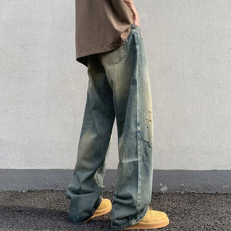 

2023 Men Make Old Washed Jeans Trousers Male Wide Leg Pants Men's Oversize Comfortable Korean Streetwear Hip Hop Trousers A134