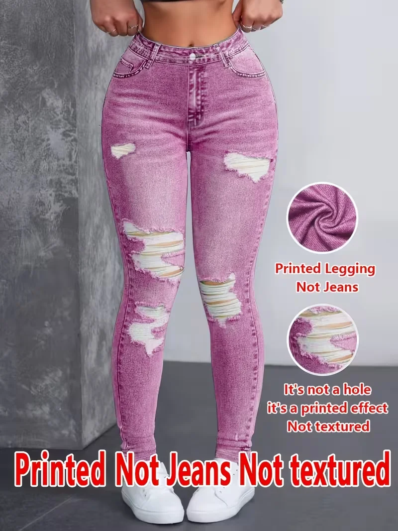 Printed Legging‑Not Denim Fabric All‑over faux‑denim printed long pants with faux pocket and button print details. New‑arrival