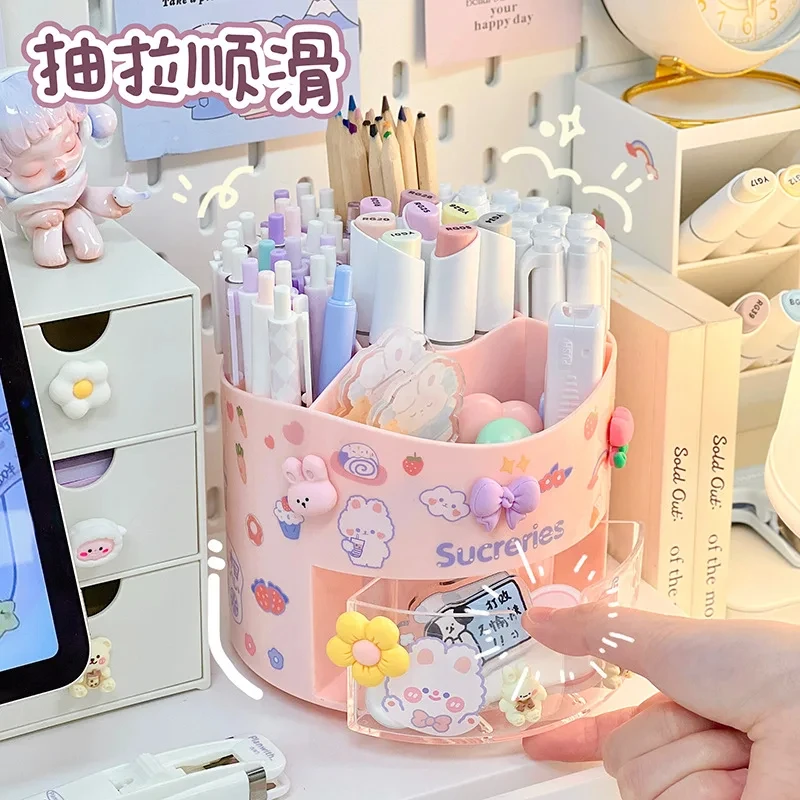 Cute Rotating Pen Holder Desktop Drawer Stationery Box Case School Office Desk Kawaii Stationery Storage Box Organizer Stickers