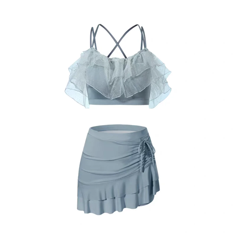 

Ins Slim Fit Юбка-трапеция Купальник с пышными рюшами и открытыми плечами Кружевной купальный костюм с рюшами Пляжная одежда Комплект из двух предметов Купальники Отдых