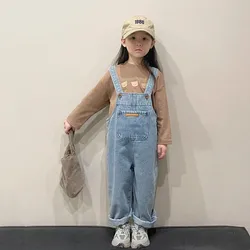 New Kid Boys Overall Girls Denim Strap Pants Solid Color Trousers Spring Autumn New Casual Cargo Pant Fashion Clothing 2-8 Years