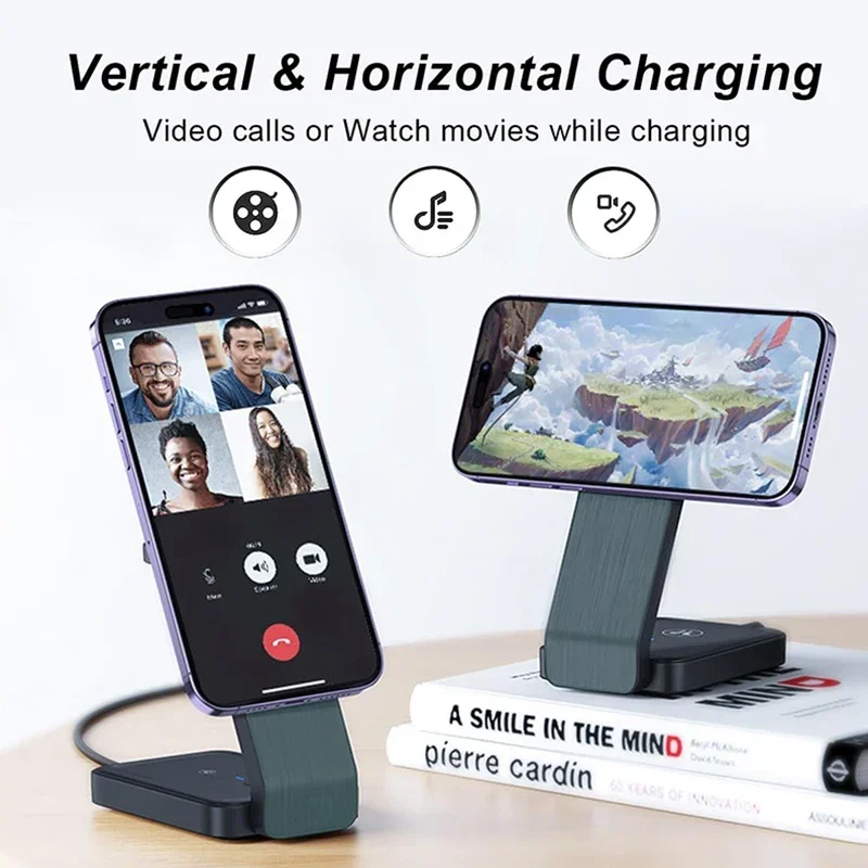 

Портативное магнитное зарядное устройство с подсветкой 3-в-1: беспроводная зарядная станция для iPhone серий 16, 15, 14, 13, 12, Apple Watch, AirPods 3, 2