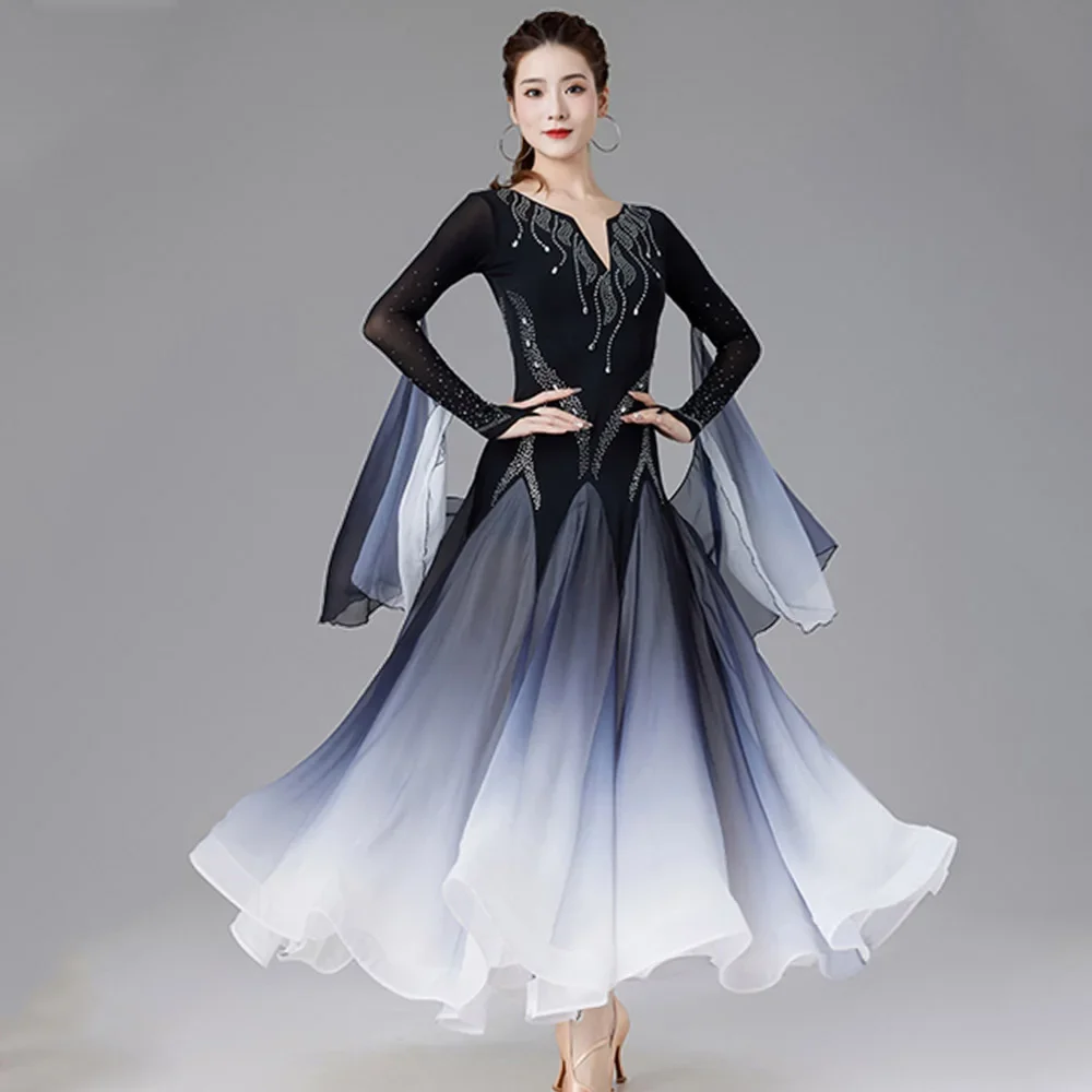 

Women Ball Gown Standard Waltz Chacha Competition Clothes Practice Wear 2 Colors Gradient Dresses Ballroom Dance Costume