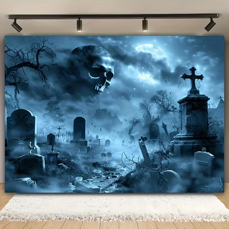 VIKAMA Spooky Graveyard Wall Tapestry, Foggy Tombstone Skull Print Wall Hanging, Horror Halloween Fabric Backdrop Home Decor