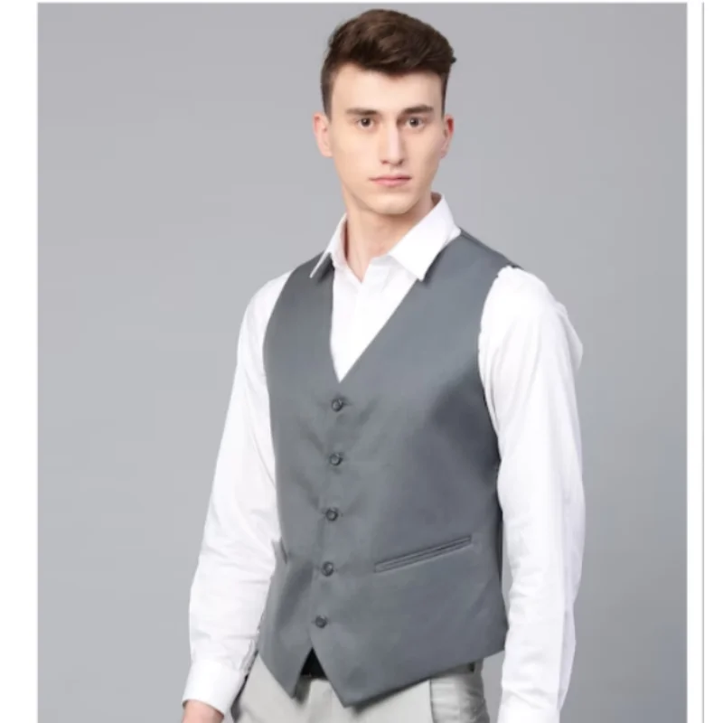 Men's Business Casual Suit Vest Gentleman British Style V-Neck Sleeveless Solid Color Adjustable Belt