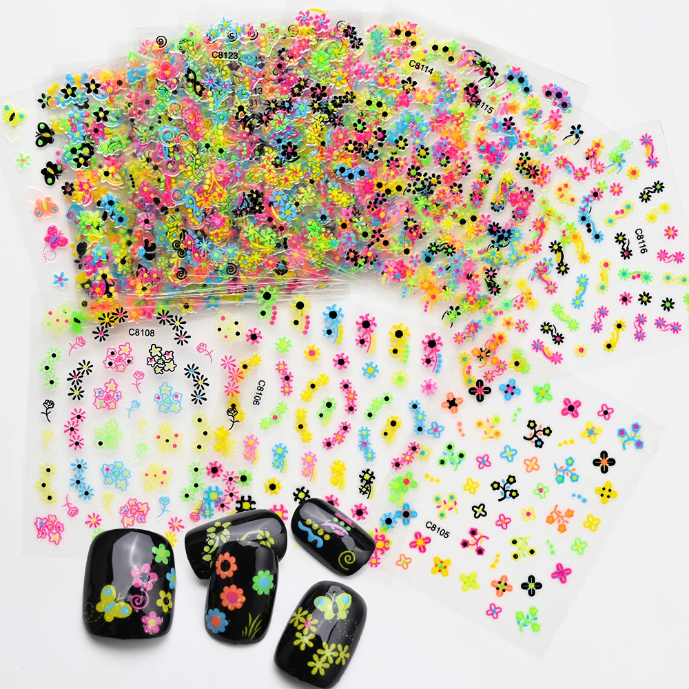 24Pcs Luminous Butterfly Flower Nail Stickers 3D Kawaii Floral Self-adhesive Nail Art Decals Glow In Dark Y2K Manicure Sliders