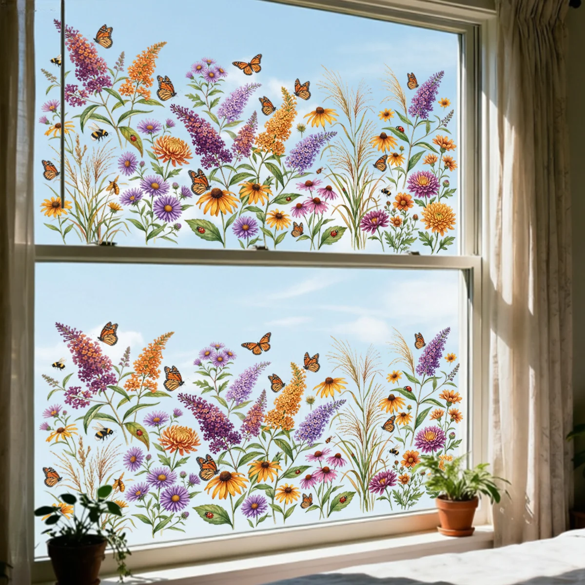 Static PVC Window Clings with Layered Floral Composition Including Sunflowers Lavender and Butterflies for Any Glass Area